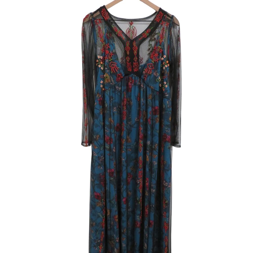 Wayward Fancies Eshakti Sz L Blue Floral Sheer Long Sleeve Layered Maxi Dress